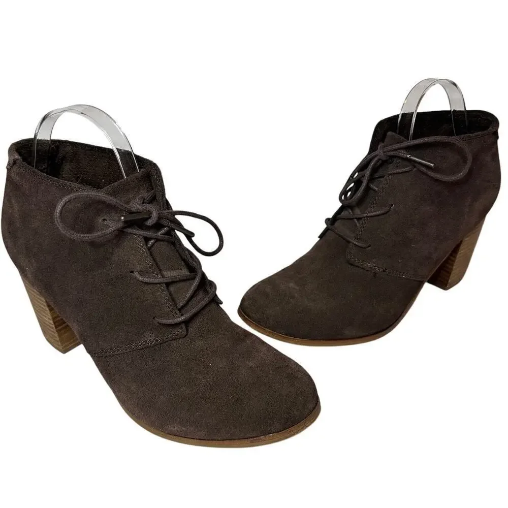Toms Size 10 Women Brown Suede Quiet Luxury Lunata Block Heel Ankle Bootie Boot